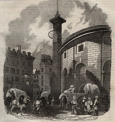 Udsigt over halle au ble i Paris (bygget i 1763-1769) og Medici-søjlen, gravering fra begyndelsen af det 19. århundrede - hvede- og majsudveksling i Paris (bygget i 1763-1769), gravering i begyndelsen af det 19. århundrede - Udsigt over Halle au ble, place af French School