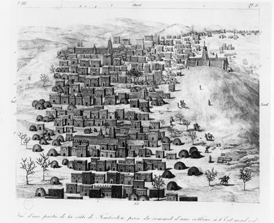 Udsigt over en del af byen Timbuktoo taget fra en bakke mod øst, fra Voyage a Tombouctou af Rene Caillie, udgivet 1830 af French School