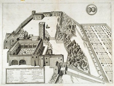 Udsigt over Benediktinerklosteret Saint Pierre de Montmajour (eller Mont Majour), grundlagt i 948, Arles, Frankrig (gravering) af French School