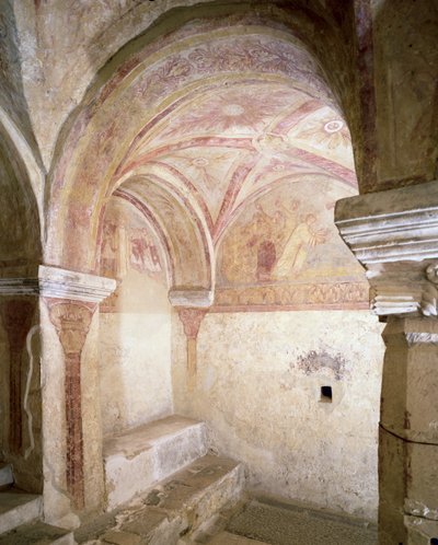 Udsigt over de karolingiske fresker i den indre krypt, ca. 858 (se også 94652, 94653 og 94654) af French School