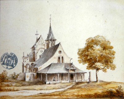 Udsigt over kirken ved Meudon (akvarel på papir) af French School