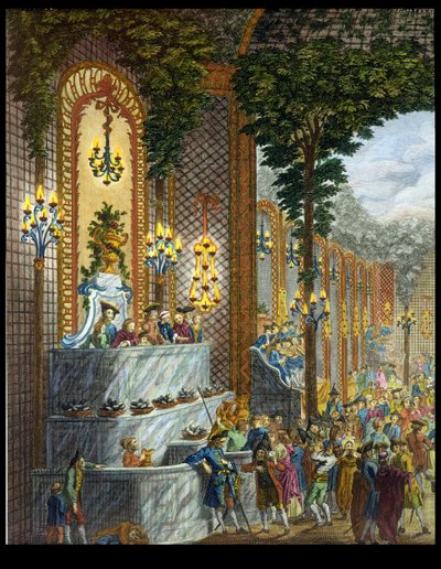 Udsigt over interiøret i et af værelserne på Place de Louis le Grand, Udsigt over indgangen til Salonen (detalje af 101860) (farvegravering) af French School