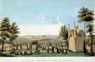 Udsigt over Pere Lachaise-kirkegården i Paris. Anonym 1800-tals litografi. Privat samling af French School