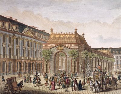Udsigt over Place de Louis le Grand, med et af værelserne bygget i anledning af Monseigneur le Dauphins bryllup (detalje fra 101866) (farvegravering) af French School