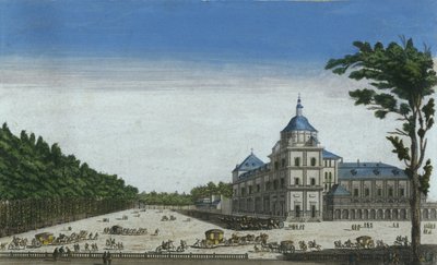 Udsigt over det kongelige palads i Aranjuez, Spanien (farvegravering) af French School