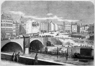 Udsigt over Saint Michel-broen (Saint-Michel), bygget i 1857, og Place Saint Michel (Saint-Michel) i Paris af French School