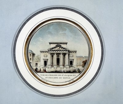 Udsigt over kirken Saint Jacques og Saint Philippe du Roule - litografi af French School