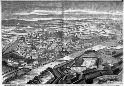 Udsigt over byen og citadellet i Alexandria i Italien af French School