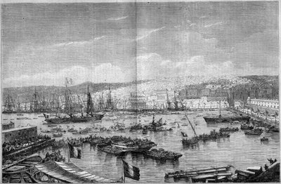 Udsigt over byen og havnen i Algier (Algeriet), under ankomsten af Napoleon III og imponeren Eugenie de Montijo, 17. september af French School