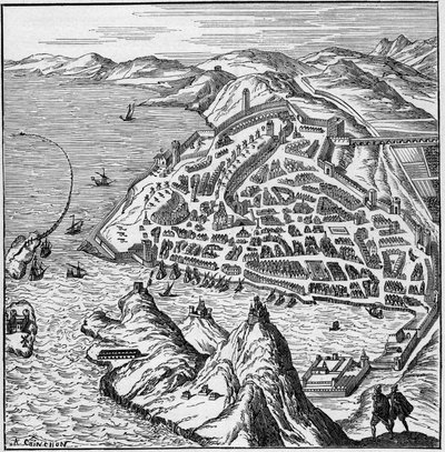 Udsigt over byen og havnen i Marseille i det 16. århundrede. Gravering i "La Marine et les kolonier: handel" af French School