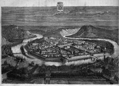 Udsigt over byen Besancon i Doubs. Indgravering fra 1880 i "La republique illustree"" privatsamling. af French School