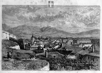 Udsigt over byen Chambery i Savoyen. Indgravering fra 1880 i "La republique illustree"" privatsamling. af French School
