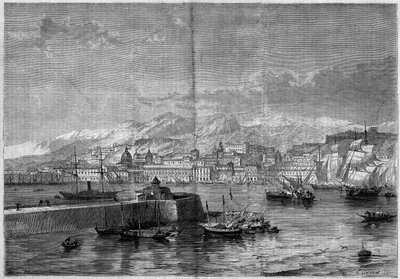 Udsigt over byen Messina (Messina eller Missina). Sicilien, Italien af French School