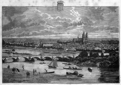 Udsigt over byen Tours i Indre et Loire. Indgravering fra 1880 i "La republique illustree"" privatsamling. af French School