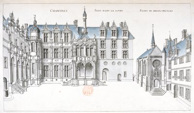 Udsigt over gården og kapellet ved Chantilly (pen, blæk & wc på papir) af French School