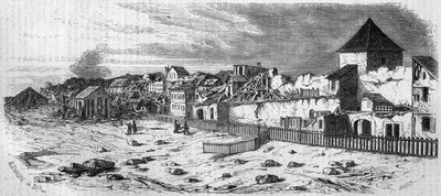 Udsigt over bydelen Kastrich i Mainz (Tyskland), efter eksplosionen af krudttønden i 1857. Fra et fotografi. Indgravering i "" Le Monde Illustré"" nr. 36 af 19. december 1857. af French School
