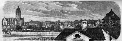 Udsigt over bydelen Kastrich i Mainz (Tyskland) før eksplosionen af krudttønden i 1857. Fra et fotografi. Indgravering i "" Le Monde Illustré"" nr. 36 af 19. december 1857. af French School