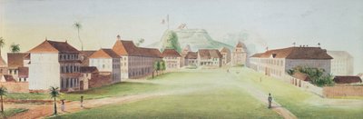 Udsigt over infanterikasernen i Cayenne, Fransk Guyana, ca. 1840 (wc på papir) af French School