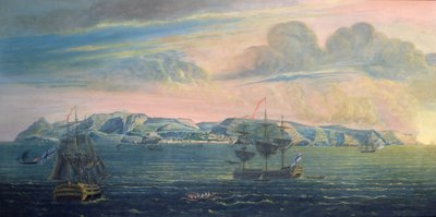 Udsigt over øen St. Helena, ca. 1820 (wc og gouache på papir) (se også 182638) af French School