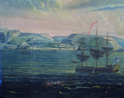 Udsigt over øen St. Helena, ca. 1820 (wc og gouache på papir) (se også 182640) af French School