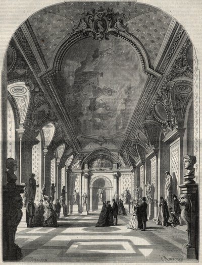 Udsigt over de romerske kejsers nye rum på Musee des antiques du Louvre. Gravering i "" L
