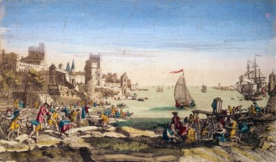 Udsigt over havnen og skibsværfterne i byen Le Havre (Seine maritime). af French School