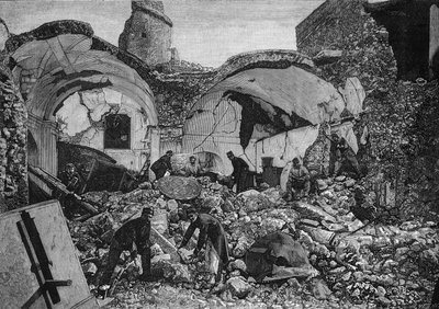 Udsigt over ruinerne af Chiese del Purgatorio, ødelagt under jordskælvet i 1881 på øen Ischia (Italien). Indgravering af Quesnel i "" The Illustrous World"" nr. 1254 af 9. april 1881. af French School