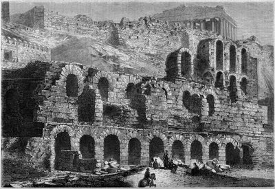 Udsigt over ruinerne af Odeon af Herodes Atticus (bygget i 161 e.Kr.) i Athen, Grækenland af French School