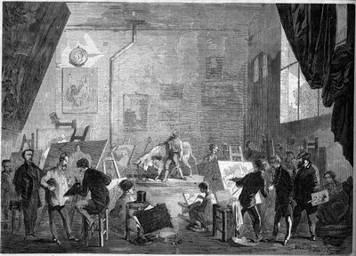 Udsigt over maleren Gustave Courbets (1819-1877) atelier, rue Notre Dame des Champs i Paris af French School