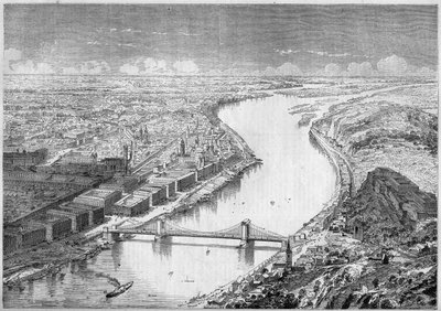 Udsigt over byen Pesth (Pest), Ungarns hovedstad, i 1861, og over Szechenyi-broen, eller Chaines-broen, bygget mellem 1840 og 1849. Indgravering i "" Le Monde Illustré"" nr. 229 af 31. august 1861. af French School