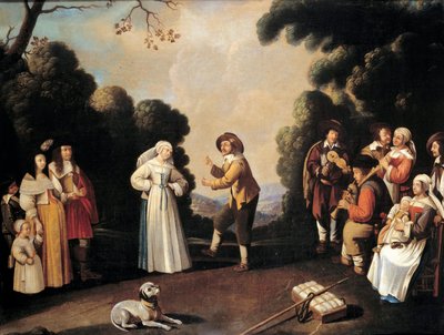 Landsbydansescene sandsynligvis ved en bryllupsfest, en gravid kvinde til venstre. Maleri af den franske skole. Avignon fra det 17. århundrede, Musee Calvet af French School