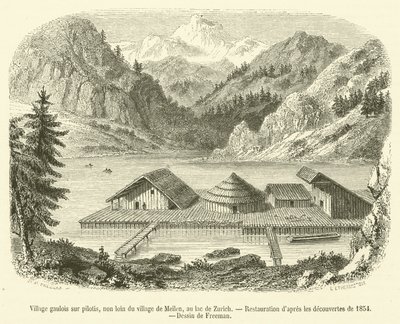 Gallisk landsby på pæle, ikke langt fra landsbyen Meilen, ved Zürich-søen (gravering) af French School