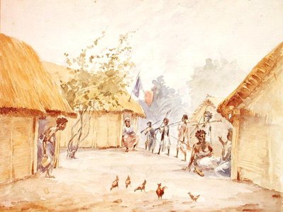 Landsby på Madagaskar på tidspunktet for dens erobring af Frankrig i 1895-96 (akvarel på papir) af French School