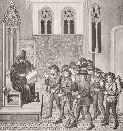 Skurke, der modtager deres Lords Orders, før de går på arbejde, efter en miniature i et manuskript fra det 15. århundrede, fra Le Moyen Age et La Renaissance af Paul Lacroix (1806-84) udgivet 1847 af French School