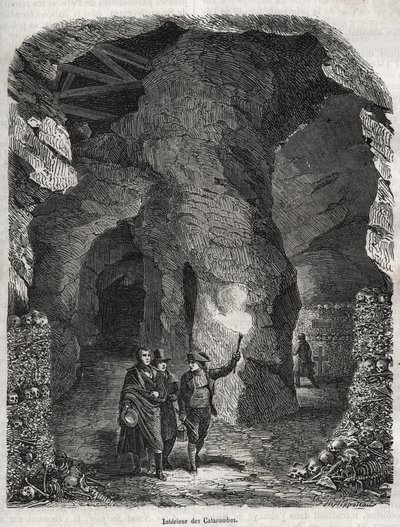 Besøg af katakomberne i Paris i det 19. århundrede - Indgravering i "" Fysisk, civil og moralsk historie i Paris: fra de tidligste historiske tider til i dag" af Jacques Antoine Dulaure af French School