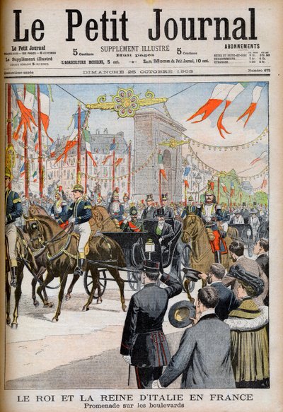 Besøg af Italiens konge og dronning i Frankrig. Kongen og Dronningen af Italien i Frankrig. Promenade på boulevarderne med Le President of the French Republic Emile Loubet - Illustration til Le petit Journal, 25. oktober 1903 - Victor Emmanuel III (Victor- af French School