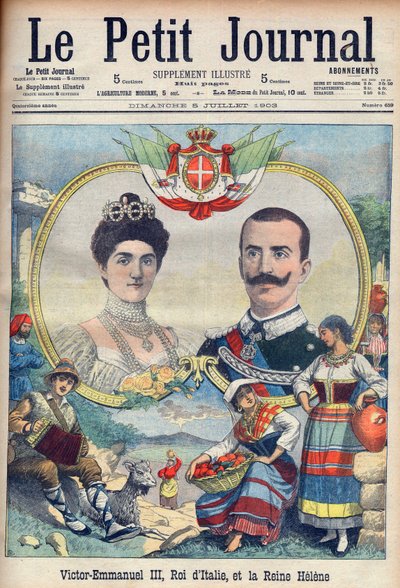 Vittorio Emanuel III og Helena af Savoyen - Kong Victor Emmanuel III og Dronning Helena af Italien. Victor Emmanuel III, konge af Italien, og dronning Helene. Illustration til Le petit Journal, 5. juli af French School
