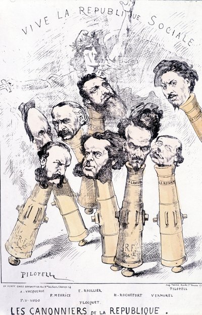 Længe leve den sociale republik - Republikkens kanonbåde: A. Vacquerie, F.V. Hugo, P. Meurice, E. Roullier, Flocquet, H. Rochefort, Vermorel, Pilotell. Tegneserie. af French School