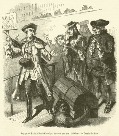 Rejse fra Paris til Saint-Cloud til lands og til vands, Le Depart (gravering) af French School