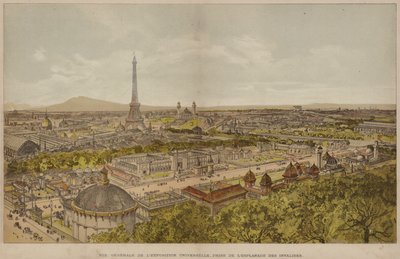 Generelt billede af den universelle udstilling, taget fra Esplanade des Invalides (farvet indgravering) af French School