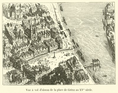 Fugleperspektiv af Place de Greve i det 15. århundrede af French School