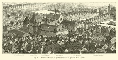 Fugleperspektiv af Grand Chatelet og Quartier, 1550 til 1696 af French School