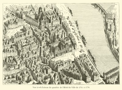 I fugleperspektiv af Hotel de Ville-distriktet fra 1765 til 1778 af French School