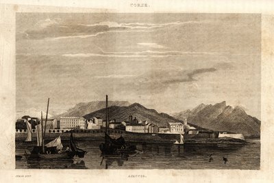 Udsigt over Ajaccio, Korsika, gravering fra 1836. af French School
