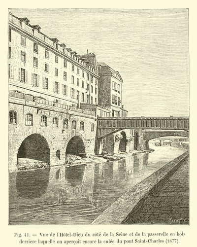 Udsigt over Hôtel-Dieu fra siden af ​​Seinen og trægangbroen, bag hvilken vi stadig kan se støtten til Saint-Charles-broen, 1877 af French School