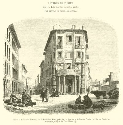 Udsigt over Maison du Poussin, på Trinite du Mont, taget fra Portico af House of Claude Lorrain (gravering) af French School