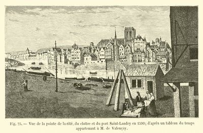 Udsigt over spidsen af ​​byen, klosteret og Saint-Landry-havnen i 1590; fra en tidsplan tilhørende M de Valencay af French School