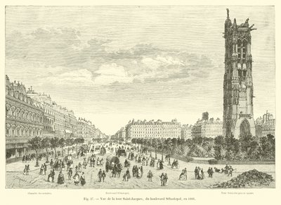 Udsigt over Tour Saint-Jacques fra Boulevard Sebastopol i 1866 af French School