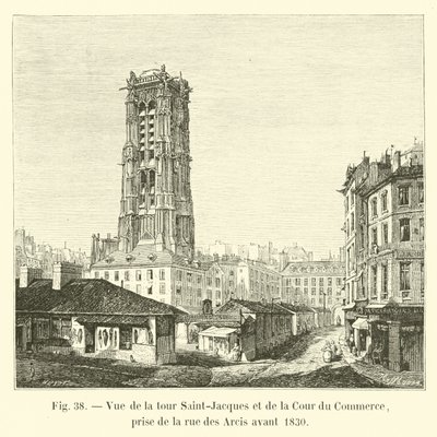 Udsigt over Saint-Jacques-tårnet og Cour du Commerce, taget fra rue des Arcis før 1830 af French School