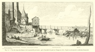 Udsigt over paladstårnene og den midlertidige gangbro efter Pont au Change-branden i 1621 fra en tegning i Bonnardot-samlingen af French School